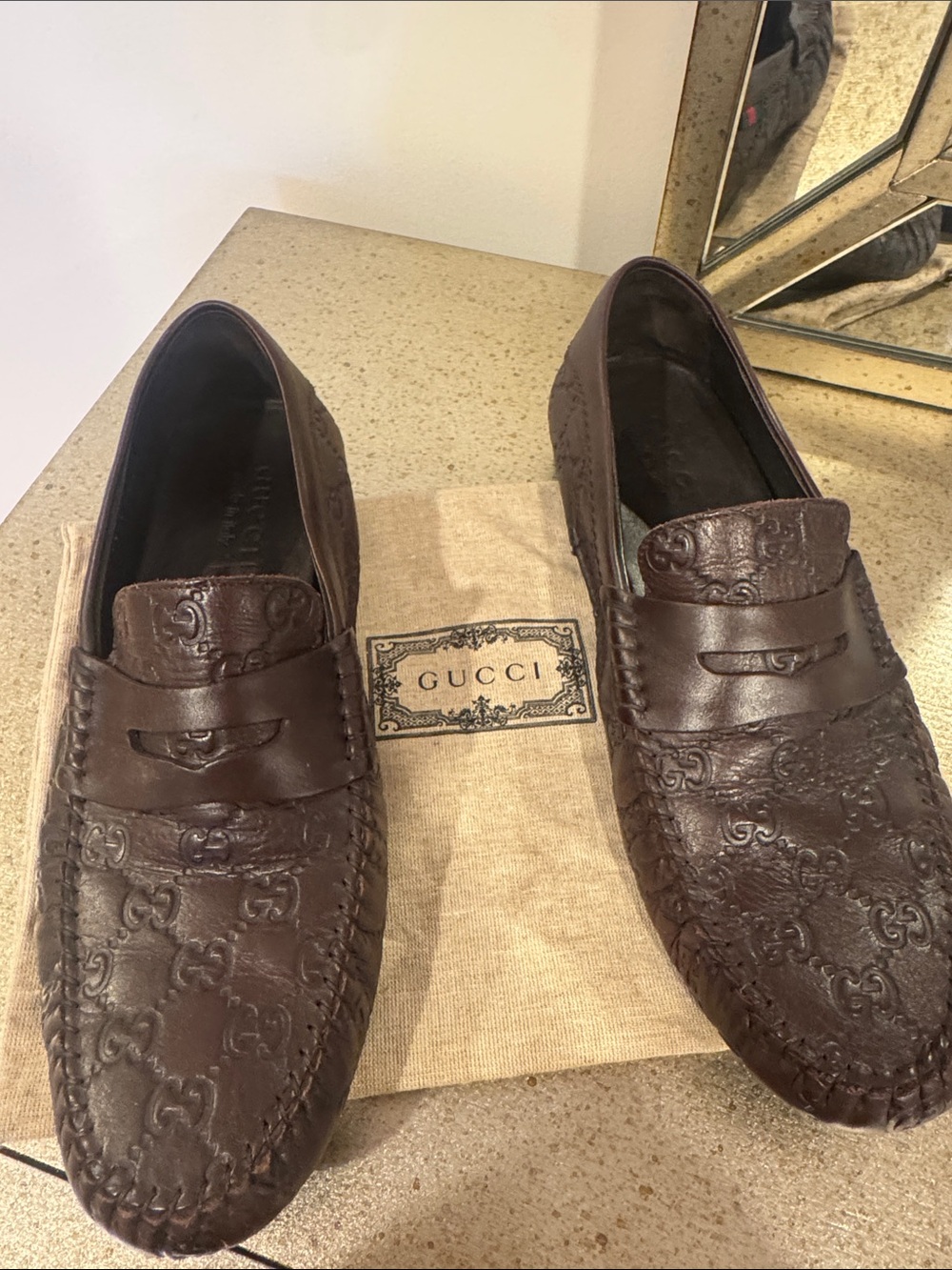 Gucci Men's Dark Brown Embossed Leather Penny Loafers